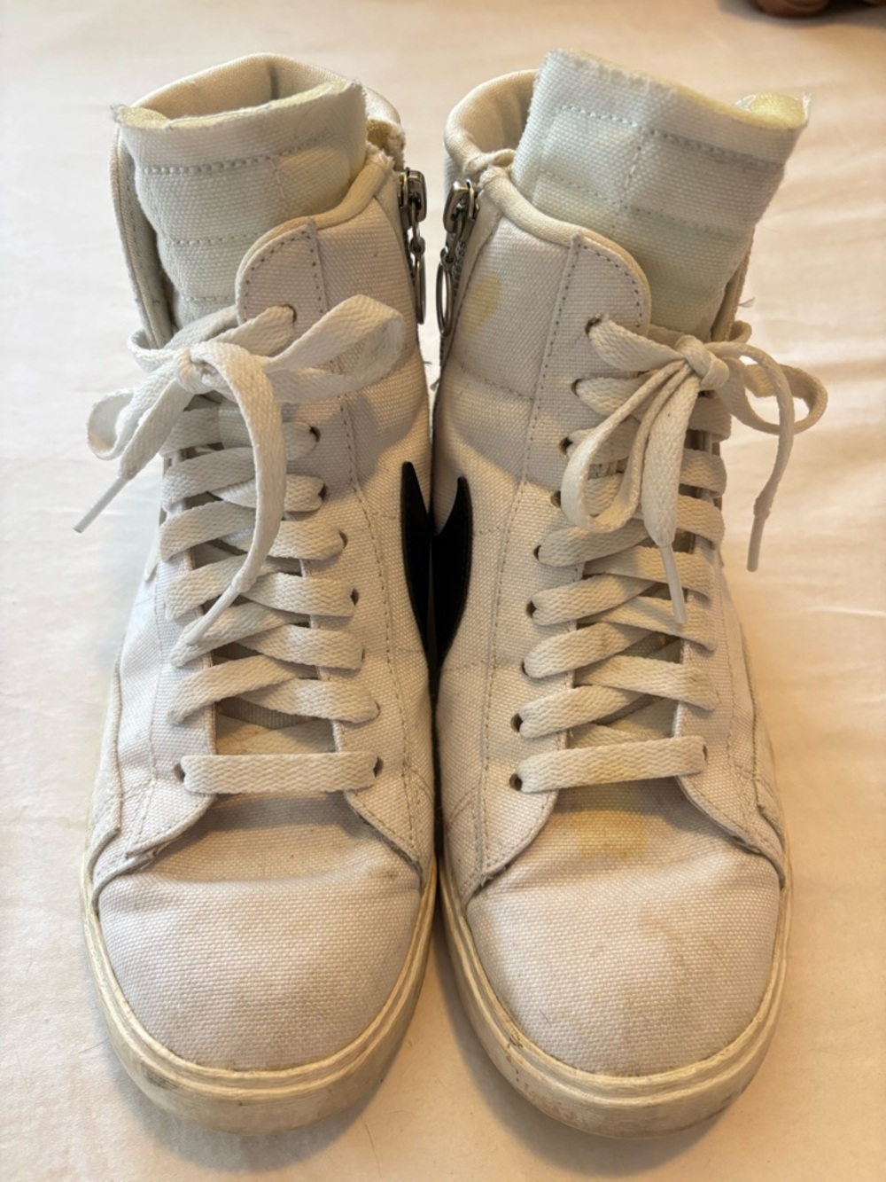 Unique Nike Asymmetrical High-Top Sneakers in Foam Off-White with Black Swoosh